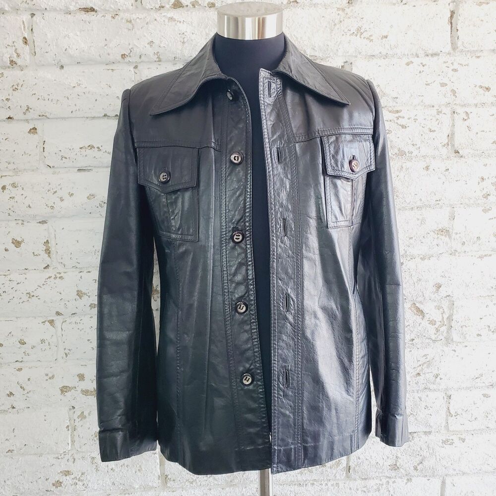 Vintage Womens Mens Black Leather Jacket Long Sleeve Shirt Biker Casaul SZ M - Picture 13 of 13